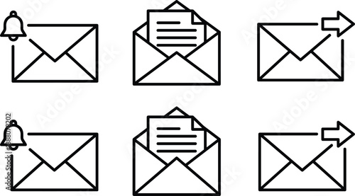 Line art email icon set featuring notification bell open letter and sent arrow in bold and thin outline vector styles.