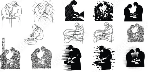Black and white vector illustration of surgeons performing operations in fifteen unique artistic styles including silhouette, abstract, geometric, line art, and pixel effects.