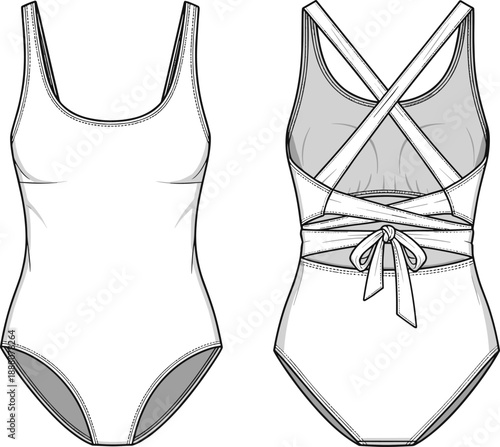 One piece swimsuit cad drawing flat vector illustration, front and back view technical swimwear outline, crisscross tie back bodysuit design, fashion manufacturing blueprint