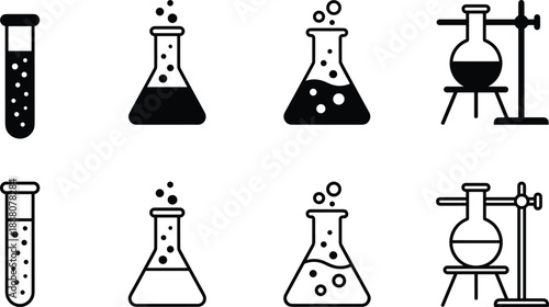 Chemical laboratory glassware icon set featuring test tubes, flasks, and beakers with bubbles in black silhouette and linear outline styles.