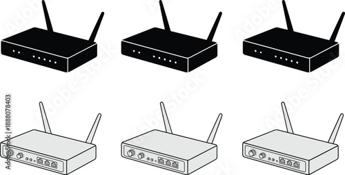 Wireless internet router icon set featuring black silhouettes and linear outlines for wifi connection networking and technology vector design projects.