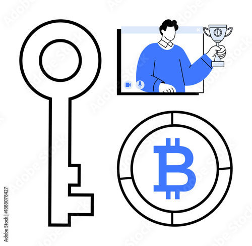 Key icon symbolizing security, Bitcoin emblem for cryptocurrency, and individual holding trophy for achievement in digital space. Ideal for security, finance, blockchain, innovation, identity