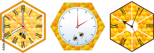 Collection of watches with honeycombs and bees.Colored vector set of beautiful clocks with bees and honeycomb backgrounds.