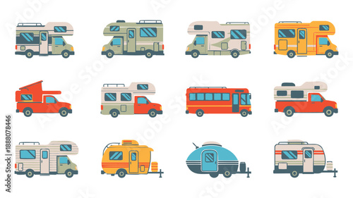 Collection of colorful travel vehicles and campers in flat design illustration set