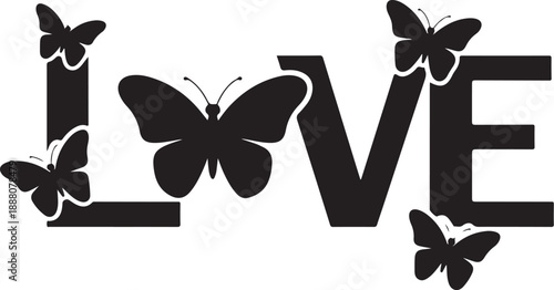 Black butterfly love word with outlined wings white