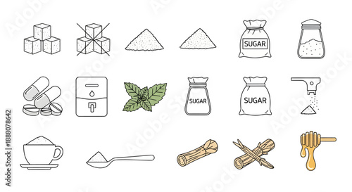 Sugar and Sweetener Icons: Sugar cubes, granules, bags, and sources like mint, honey, and sugarcane.
