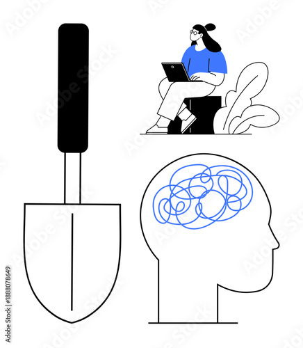 Mental health concept. Mental health through a tangled brain, tools, and working individual. Mental health focus encourages awareness, self-discovery, and productivity. Great for psychology, therapy
