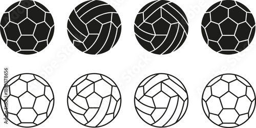 Set of soccer ball and volleyball icons in black solid and line art style, minimalist sports equipment symbols for design.