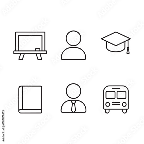 Academic and School Life Icons – Blackboard, Student Profile, Graduation Cap, Book, Teacher, and School Bus