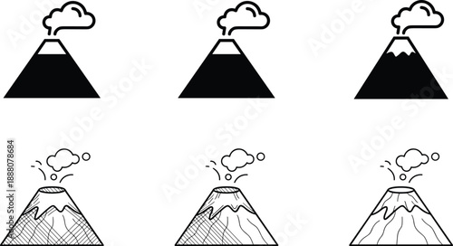 Volcano eruption icons set with smoke clouds and lava outlines for nature adventure travel infographic and simple minimalist graphic design projects,
