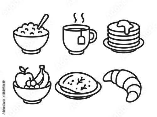 Delicious Morning Breakfast Outline Icons. Tea, Oatmeal, Omelet, and Fruit Symbols