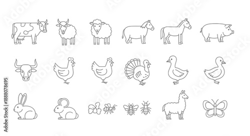 Farm Animal Icons: Cow, Bull, Sheep, Horse, Pig, Chicken, Turkey, Duck, Rabbit, Bee, Butterfly, Llama.