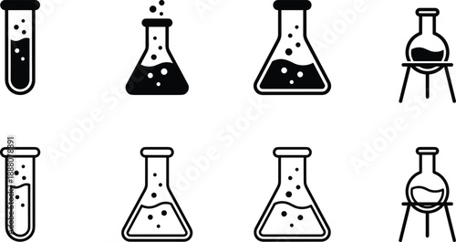 Set of laboratory glassware icons featuring test tubes, erlenmeyer flasks, and chemical equipment in black silhouette and linear outline styles.