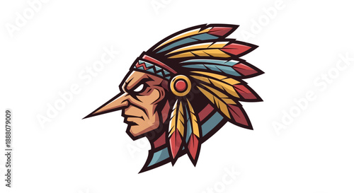 Illustration of a Native American man's head in profile, wearing a colorful feathered headdress against a plain white background.