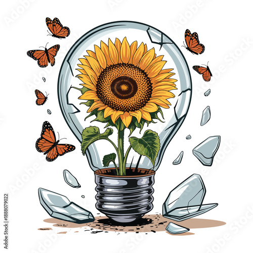 Sunflower inside Glass Lightbulb with Flying Butterflies Creative Concept