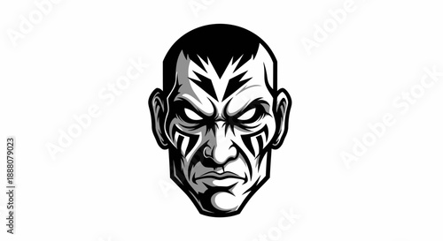 A black and white illustration of a muscular man's face with a stern expression, against a plain white background.