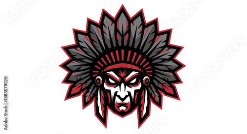 A stylized illustration of a Native American chief's head with a feathered headdress in red, gray, and black colors on a white background.