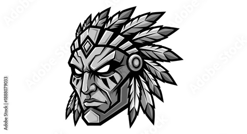 Illustration of a Native American Indian chief's head with feathers and tribal paint on a white background.