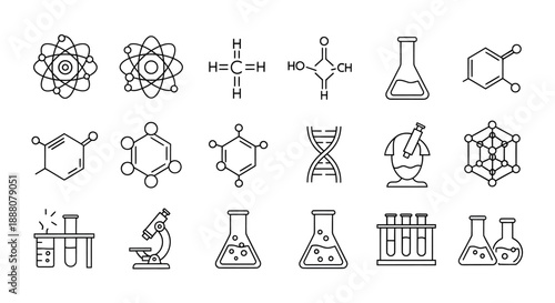 Line icons related to science and research, including atoms, DNA, molecules, microscopes, flasks, and telescopes