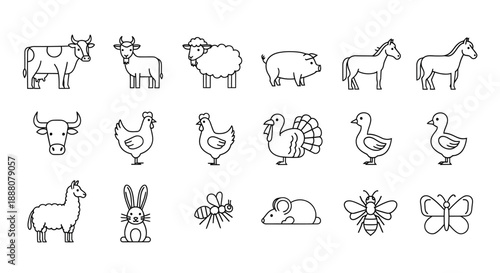 Collection of simple line art icons featuring farm animals, including cows, goats, sheep, pigs, horses, chickens, turkeys, ducks, and bunnies
