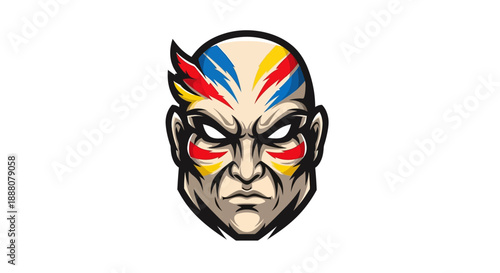 Cartoon illustration of a bald man's face with colorful tribal makeup on a white background.
