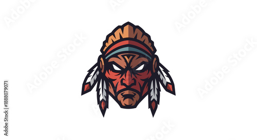Illustration of a Native American man's face wearing a traditional feathered headdress with a fierce expression on a plain white background.