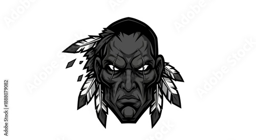 Illustration of a Native American man's face with a stern expression wearing a feathered headdress on a white background.