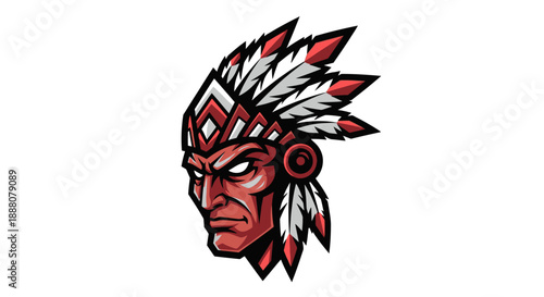 Illustration of a red Native American chief's face in a traditional headdress with white and red feathers on a white background.
