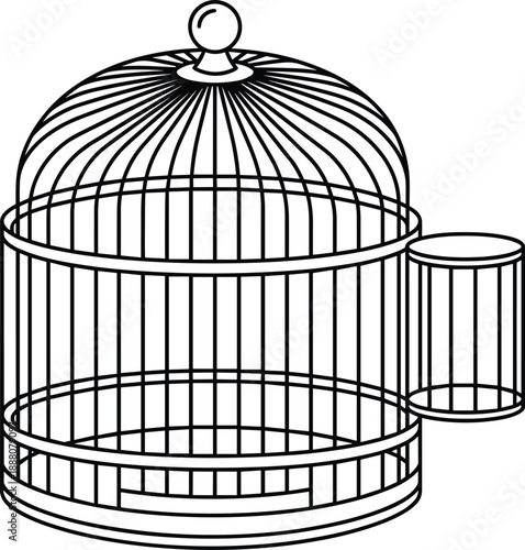Black and white vector illustration of vintage birdcage with feeder, isolated line art for coloring book, icon, or design element.