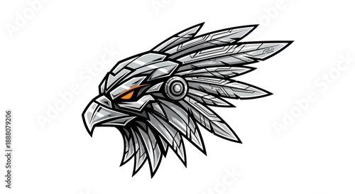 A robotic eagle head with orange eye detail and metallic feathers on a white background, with a futuristic and mechanical appearance.