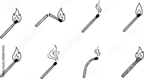 Set of hand drawn matchstick vector icons, burning wooden matches with fire flame, broken and burnt sticks, black line art sketch collection on white background
