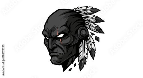 Illustration of a Native American man's face with a feathered headdress and red eye makeup on a white background.