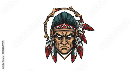 Illustration of a Native American man's face wearing a traditional headdress with feathers and beads on a white background.