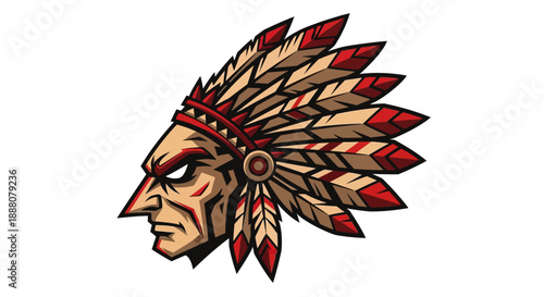Illustration of a Native American Indian chief's head with feathers and face paint on a white background.