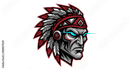 Illustration of a Native American man's head wearing a feathered headdress and glowing blue eyes against a white background.