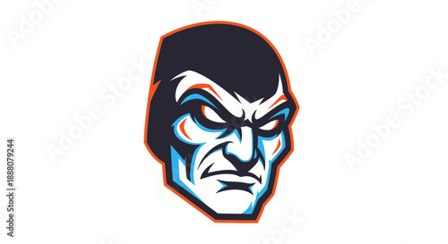 Illustration of a cartoon superhero villain head with a menacing expression outlined in orange against a white background.