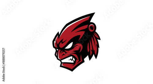 A red cartoon Native American headdress logo with feathers and a fierce expression on a plain white background.