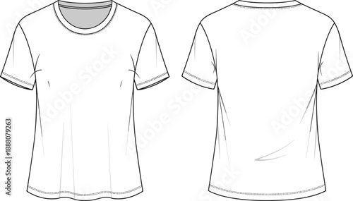 T shirt cad drawing flat vector illustration, front and back view technical apparel outline, basic short sleeve tee design, fashion manufacturing blueprint