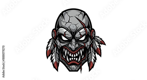 A gray cartoon Native American skull with feathers and red accents on a white background in a graphic illustration.