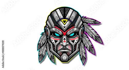 Illustration of a Native American warrior's mask with feathers and tribal markings on a white background.