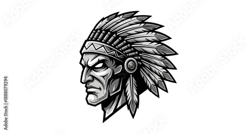 Black and white illustration of a Native American man's head wearing a feathered headdress on a white background.