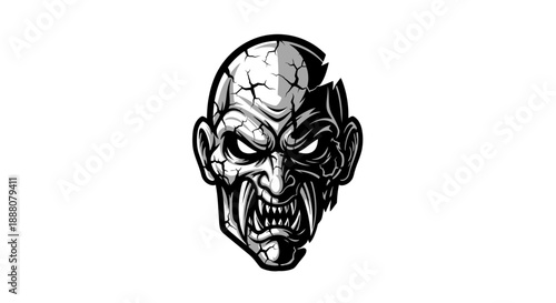 A black and white illustration of a zombie head with a menacing expression on a plain white background.