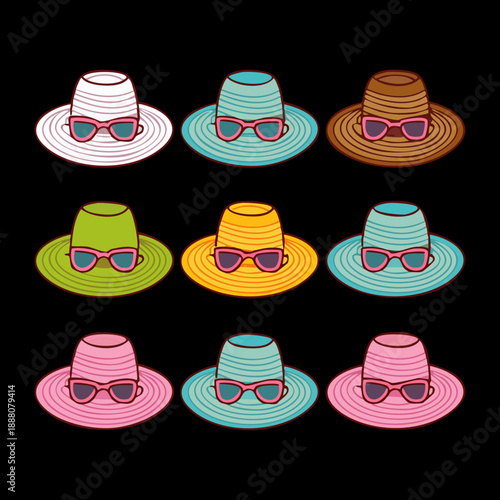Colorful collection of sun hats for summer vacation and outdoor fashion style Graphic Asset