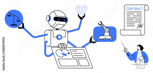 Robot with multiple arms multitasking on law, healthcare, robotics, and legal contracts. Ideal for artificial intelligence, automation, innovation, technology, digital transformation productivity