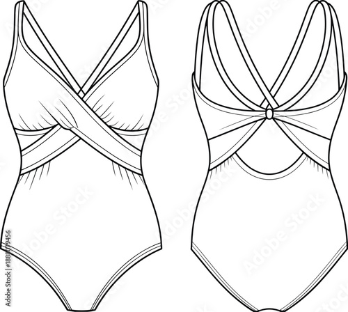 Women one piece swimsuit technical fashion flat with front and back views, crisscross strap design CAD line drawing vector illustration for swimwear apparel design