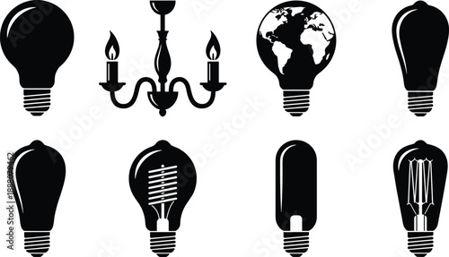 Vector icon set of light bulbs, electric lamps, vintage chandelier, energy saving fluorescent bulb, world globe idea symbol, black silhouettes isolated on white