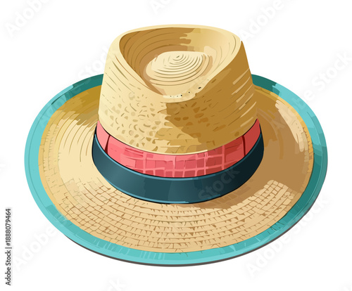 Wide brimmed straw hat with pink ribbon for feminine summer sun protection and Graphic Asset