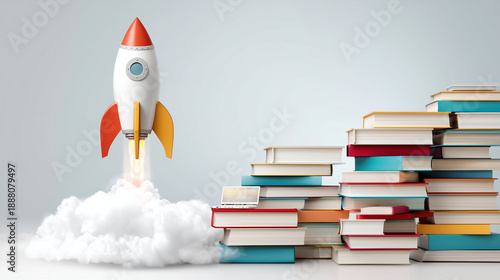 Illustration of a rocket ship taking off from a base made of books and laptop icons, Corporate Growth concept, career acceleration through learning, vibrant and inspiring, with cop