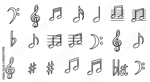 Musical notation icons including clefs, notes, rests, and accidentals, suitable for music education, composition, and performance graphics