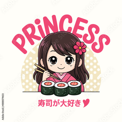 Cute Anime Princess Girl Eating Sushi Japanese Food Illustration